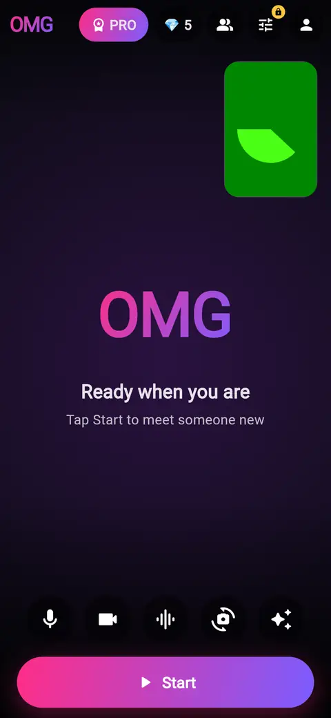 OMG Chat screenshot: Tap Start to meet someone new