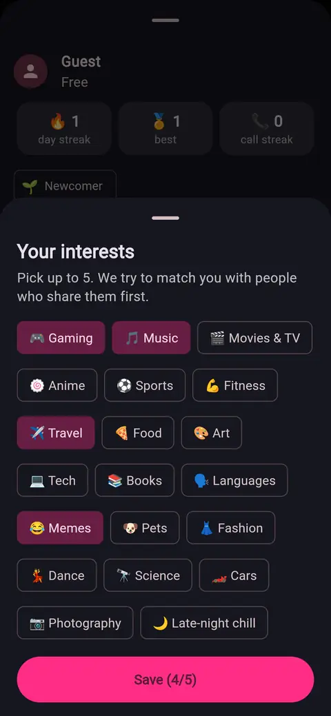 OMG Chat screenshot: Pick interests to meet like-minded people