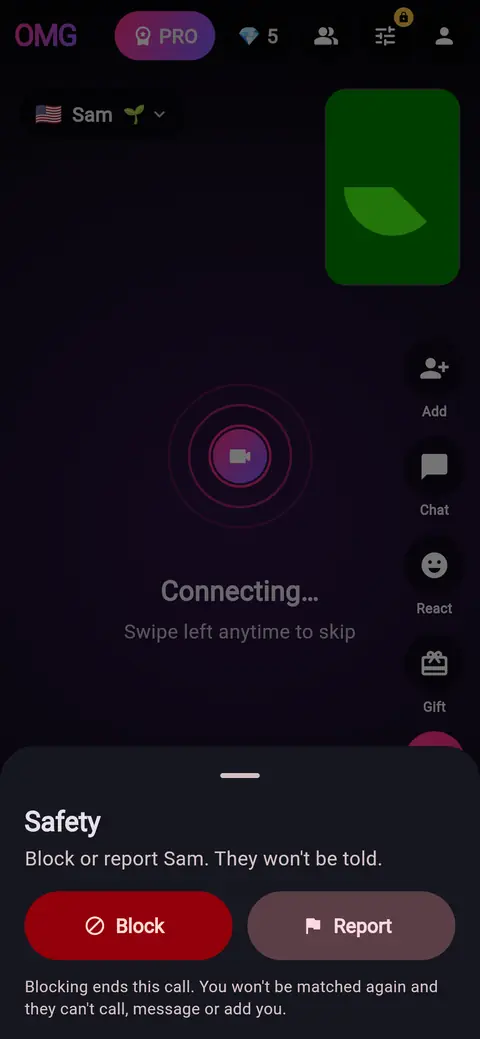 OMG Chat screenshot: Block or report anyone in one tap