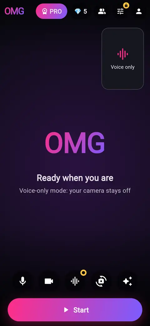 OMG Chat screenshot: Voice-only mode keeps your camera off